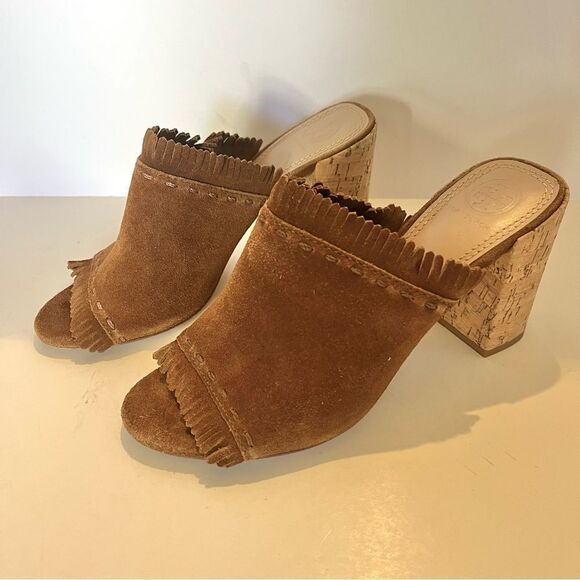 Tory Burch Huntington Camel Suede Fringe Slide Mules in Tan Size 8 - Picture 4 of 13